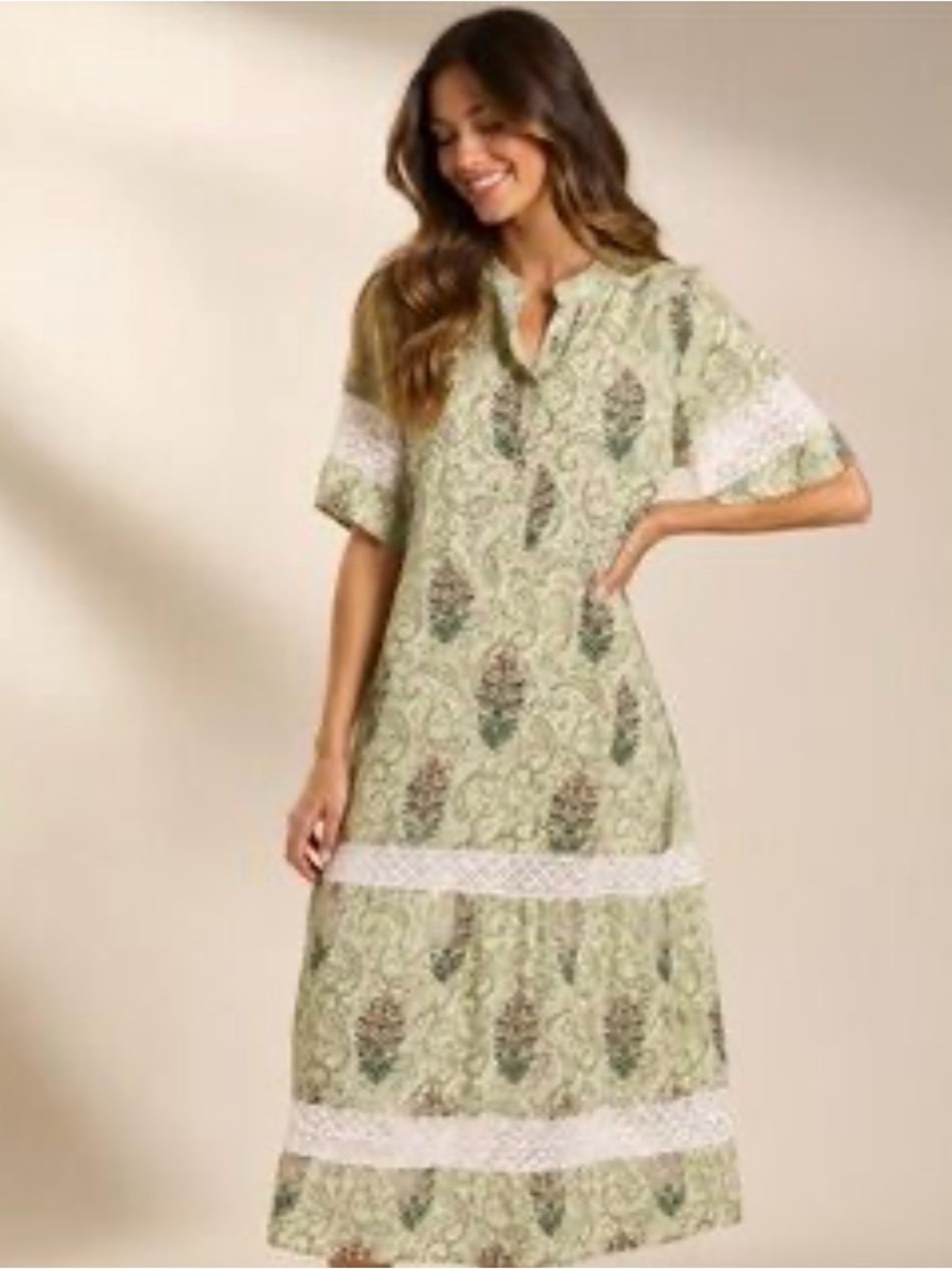 Julia Amory Light Green Paisley Maxi Dress with White Lace Panels